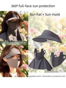 Three-In-One Sunscreen Hat - Detachable Neck Guard - Large Brim Outdoor UV Protection Sun Hat - Summer Women's Full-Face Cycling Seamless Hat - Face Bikini Mask - A - View 2