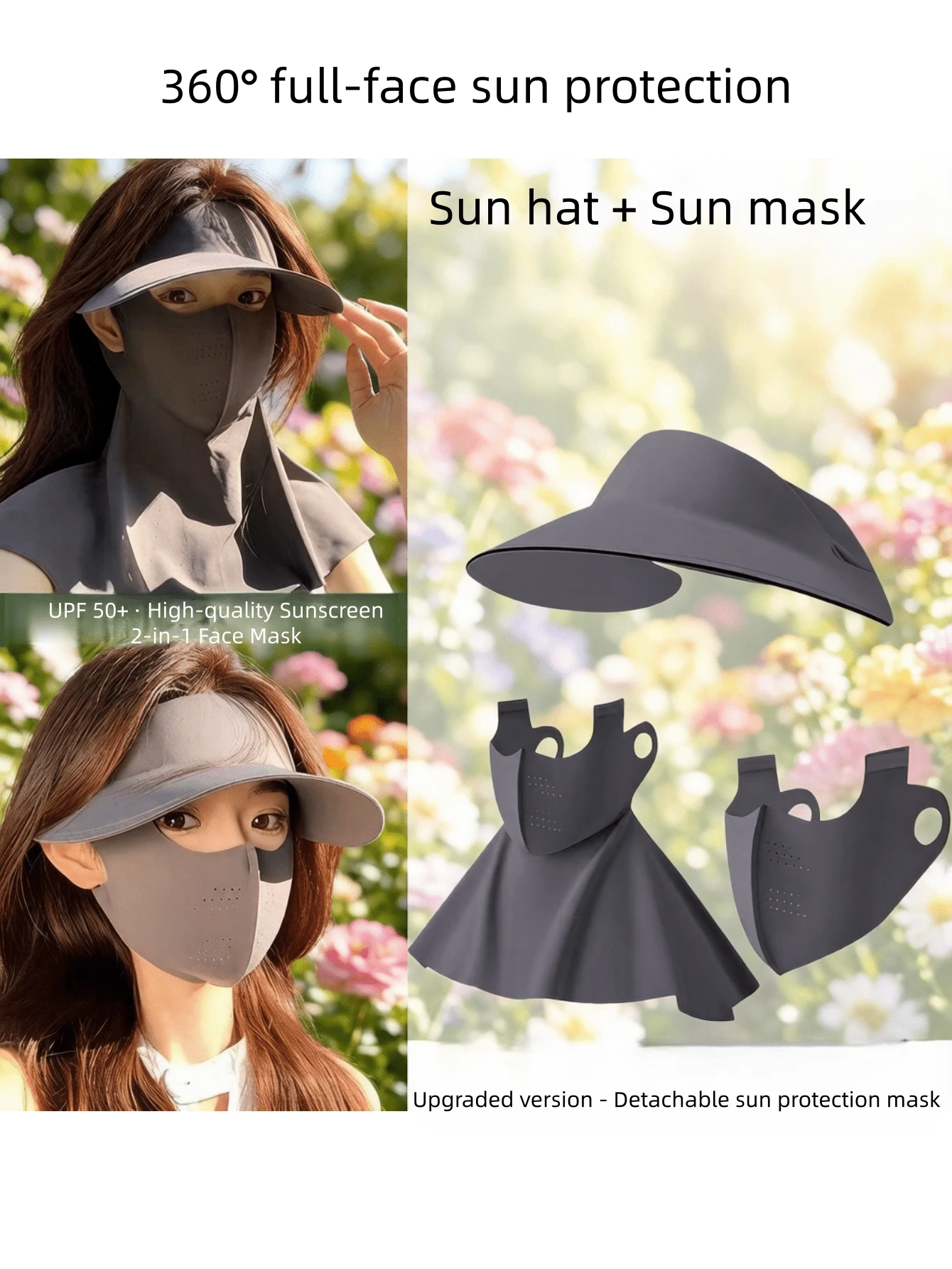Three-In-One Sunscreen Hat - Detachable Neck Guard - Large Brim Outdoor UV Protection Sun Hat - Summer Women's Full-Face Cycling Seamless Hat - Face Bikini Mask