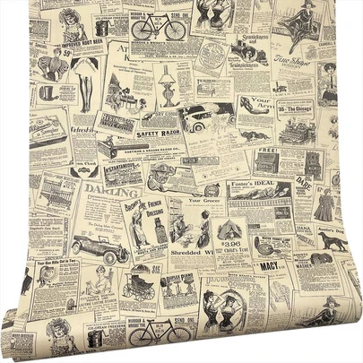 1卷复古报纸图案自粘墙纸，可移除，可剥离粘贴，适用于背景墙、艺术墙、橱柜、衣柜、餐桌等家居装饰、房间装饰、复古装饰。