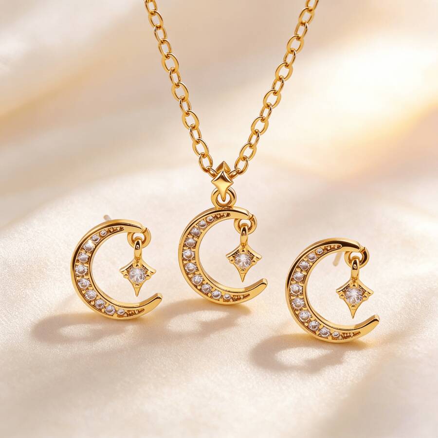 1 set de collier pendentif en acier inoxydable avec chaîne, strass, étoile et lune, et boucles d'oreilles assortis. Conception élégante et polyvalente de luxe. Accessoires cadeaux - Doré - Voir 1