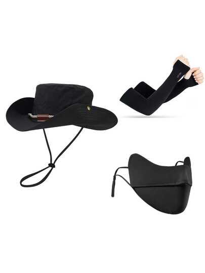 3pcs Set: Solid Color Mountain Peak Letter Embroidered Bucket Hat, Arm Sleeves, And Ice Silk Face Mask, Polyester Fiber Sun Protection Suitable For Outdoor, Hiking, Camping, Travel, Great Gift For Family, Friends, Boyfriend/Girlfriend, Christmas, Mother's Day, Father's Day, Teacher's Day, Birthday