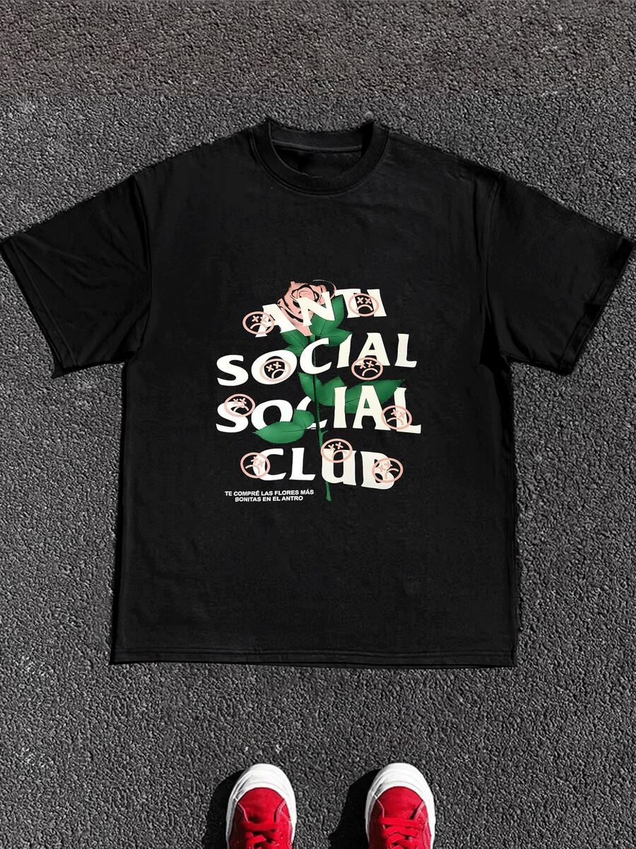 A Blooming Rose Intertwined With Bold Anti Social Club Text Symbolizing The Tension Between Isolation And Desire For Beauty Men 100% Cotton Graphic Tshirt - 黑色 - 查看 1