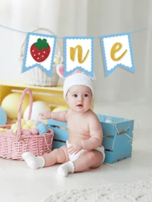 1 pièce Drapeau d'anniversaire de la première année du bébé avec décoration de garçon et fille aux fraises, convient pour les fêtes de bébé, les baby showers - Multicolore - Voir 4
