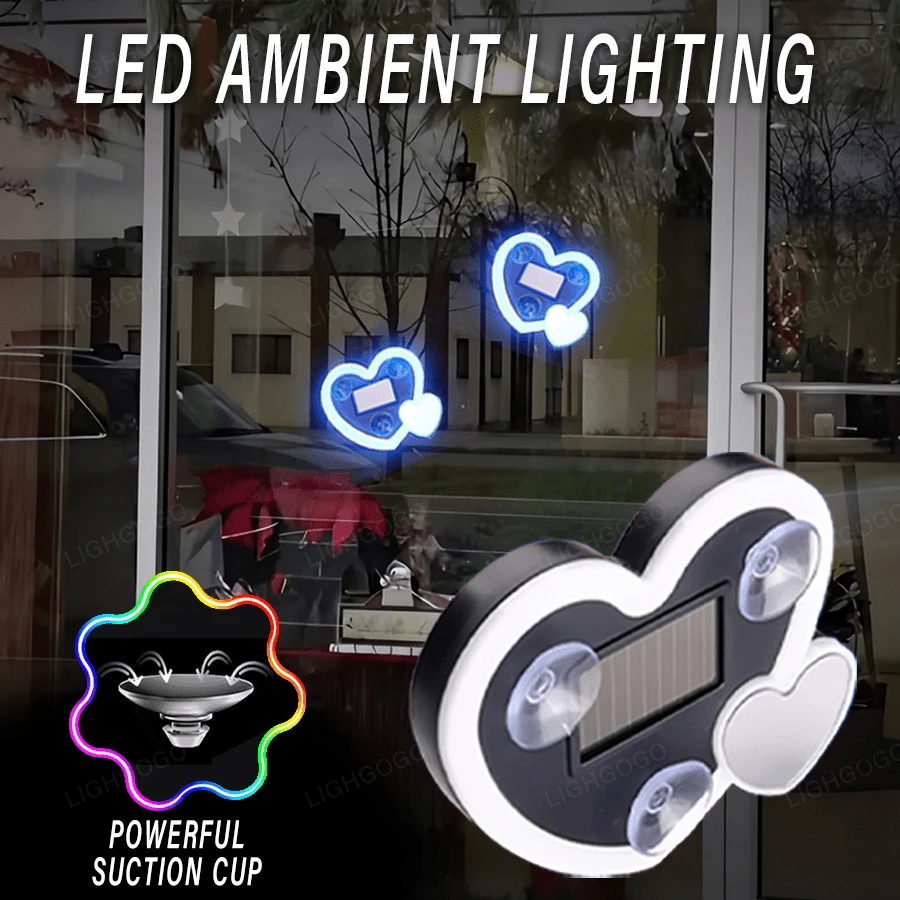 1 Unit, Car Triangular Heart-Shaped LED Light - Double Heart-Shaped Ambient Light With Built-In LED Ambient Light - Solar LED Light, 5 Variation Modes, Car Decoration - Ice Blue - View 1