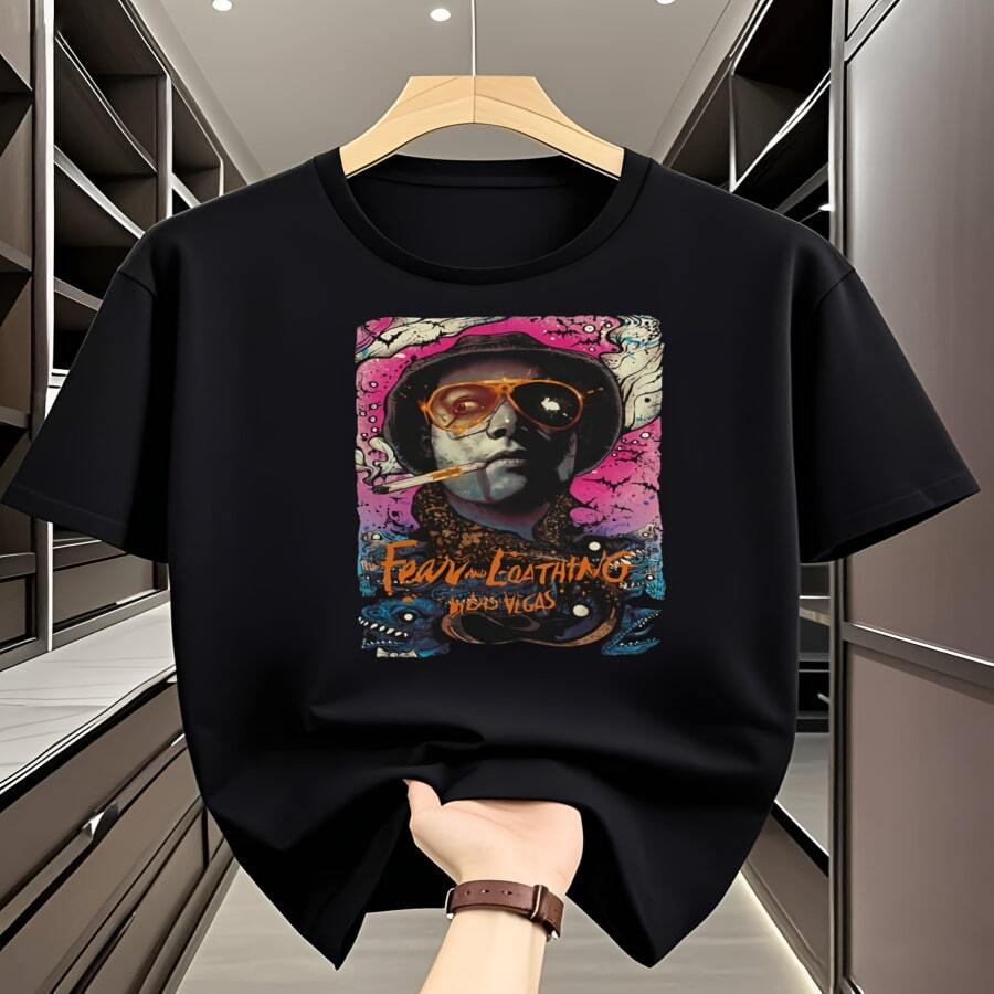 Camiseta gráfica casual para hombre - Diseño de Fear and Loathing in Las Vegas con calavera y rosas, manga corta blanca, ligera y transpirable para todos los climas, ideal para looks de verano, corte relajado, talla R - Multicolor - Ver 1