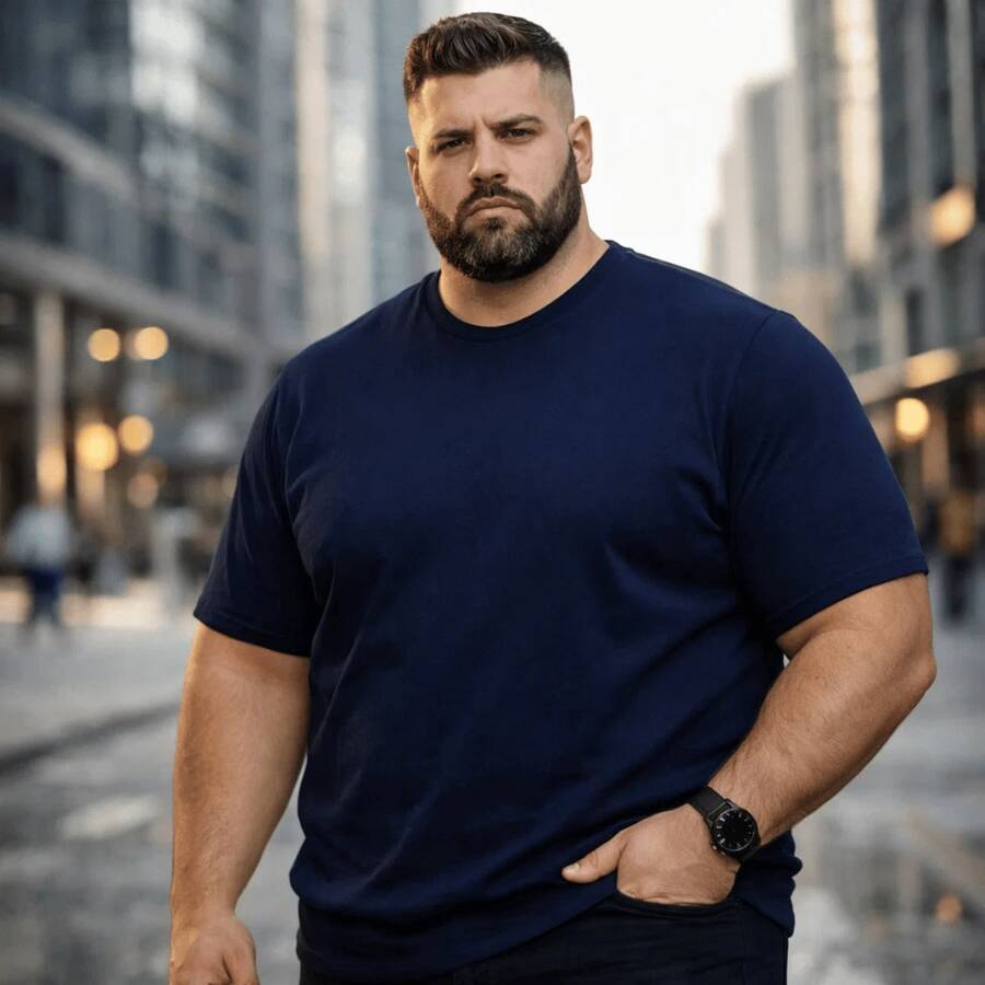 Men's Plus Size Plain T-Shirt 100% Cotton - Navy Blue - View 1