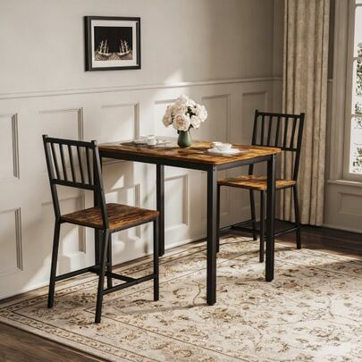 Dining Table And Chairs Set, Bar Table With Two Stools, Kitchen Table And Chairs, Industrial-Style Breakfast Table, Suitable For The Kitchen, Living Room, Reception Room, Retro Brown And Black Color Scheme
