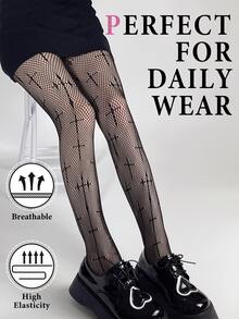 Punk Style Cross Fishnet Tights, Y2K Goth Hollow Grid Black Stockings, Retro Lace Pantyhose - Multicolor - View 6