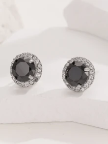 1 Pair S925 Sterling Silver Black & White Diamond CZ Stud Earrings, Sparkling Cubic Zirconia Personalized Earrings - Multicolor - View 5
