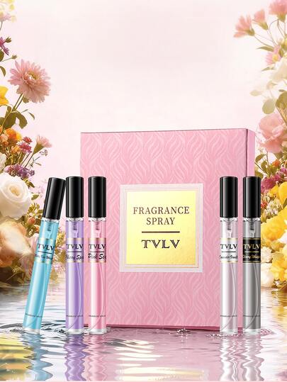 1瓶/5瓶装10毫升TVLV香水喷雾礼盒，包含5种不同的浪漫花果香调，持久清新，便携式空气清新剂，适合约会、派对、聚会、节日、家居装饰、酒店、办公室、周年纪念日和情人节礼物。