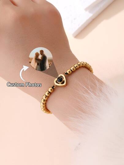 Custom Photo Projection Heart Beaded Stainless Steel Bracelet | Adjustable Gold/Silver/Rose Gold Bead Chain Options | Fashionable, Colorful, Retro, Simple, Neutral, Casual, Cute, Custom, Personalized & Unique Jewelry | Ideal Gift For Couples, Mom, Family & Friends | Perfect For Valentine's Day, Birthday, Anniversary & Mother's Day