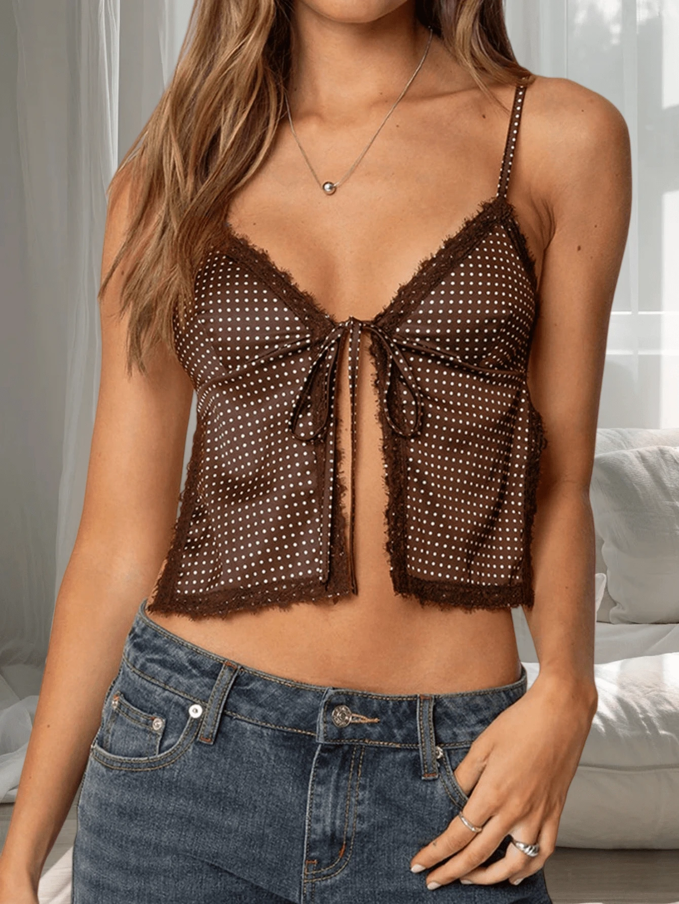 Women Tie Front Split Cami Tank Top Y2K Dots Print Lace Trim Spaghetti Strap V Neck Slim Fit Camisole Crop Tops Sexy Backless Sleeveless Low Cut Vests Shirts Summer Going Out Tops Streetwear - 棕色 - 查看 1