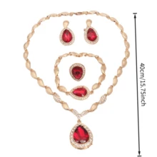 Exquisite 5 Pcs Bridal Jewelry Set Simple Versatile Necklace Bracelet Earrings Ring Banquet Accessory - 紅色 - 查看 2