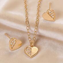 一套不锈钢链镶钻心形吊坠项链和耳环，时尚奢华设计珠宝套装，百搭优雅项链耳环首饰礼品 - 金色 - 查看 2