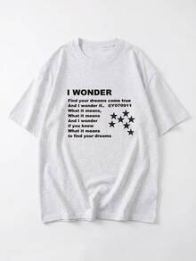 Women's Loose Fit Round Neck Street Fashion Letter & Star Print Short Sleeve T-Shirt, Summer - Light Gray - View 6
