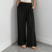 OMKAGI  Women's Linen Wide-Leg Pants With Pockets - Loose And Casual Long Pants For Home Wear Walking Around Vacation Beach Wear - màu đen - Xem 1