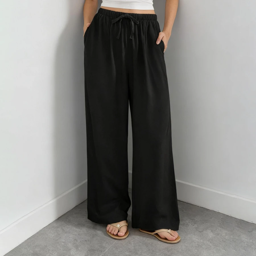 OMKAGI Women's Linen Wide-Leg Pants With Pockets - Loose And Casual Long Pants For Home Wear Walking Around Vacation Beach Wear - màu đen - Xem 1