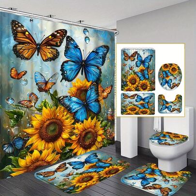 Bộ 1/4 rèm tắm hình hoa hướng dương chống trượt, kèm nắp bồn cầu hình chữ U và phụ kiện trang trí phòng tắm hoa cúc vàng, chất liệu vải polyester có thể giặt máy, có khoen và móc treo - Bộ phụ kiện phòng tắm hoàn chỉnh, phù hợp với phong cách trang trại hiện đại, món quà tuyệt vời cho gia đình, bạn bè, các cặp đôi vào dịp sinh nhật, Giáng sinh, Lễ Phục sinh, tân gia, đám cưới.