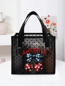 Schwarze transparente Mesh-Tragetasche mit bedruckter Kirschblüten-Schleife und "America" Text, großes Fassungsvermögen, transparente Mesh-Kosmetiktasche, multifunktionale Reise-Tragetasche, Aufbewahrung für Hautpflege und Toilettenartikel, Reise-Make-up-Tasche, Zubehör-Aufbewahrung, Wohndekoration, Badezimmer-Aufbewahrung - Verschiedenfarbig - Übersicht 14