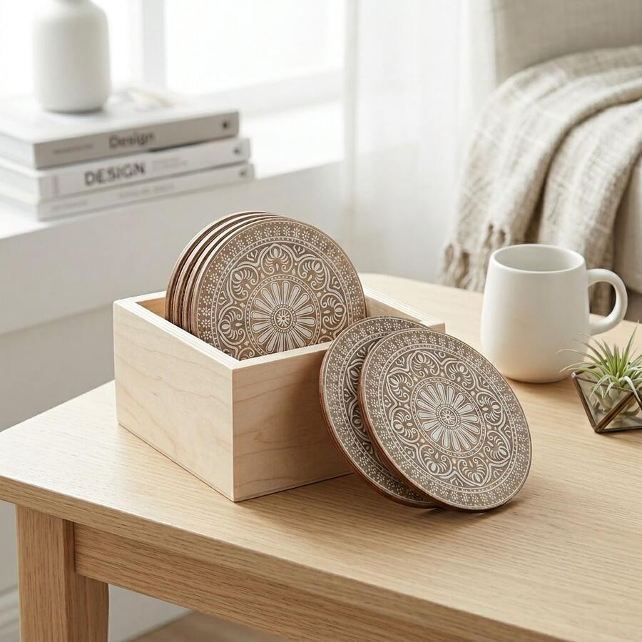 6/12pcs Bohemian Style Wooden Coasters, 3.94 Inch X 3.94 Inch Size Fits Most Cups, 3/5mm Thick, Can Be Used As Coffee Mats; Suitable For Bars, Kitchens, Weddings, Home Gatherings, Cafes, Offices And Other Scenarios, Home Decor, Housewarming Gift, Practical Function And Exquisite Appearance, Kitchen Accessories, Mother's Day Gift, Spring Gift - Apricot - View 1