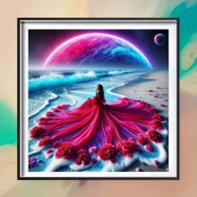 1件套新款红色婚纱女孩望海钻石画套装，5D圆形水晶钻石马赛克DIY工艺品，适合作为手工礼品，装饰客厅、卧室，可用于宰牲节、劳动节、复活节、圣诞节、情人节等场合，无框。 - 查看 3