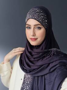 1pc Women's Popular Crystal Solid Color Knitted Headscarf Shawl, Soft Hijab Scarf, Casual Long Scarf - A - View 33