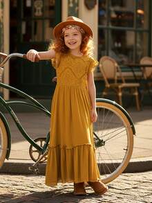 Tween Girl  Solid Color Lace Trim Ruffle Hem Dress - Coffee - View 2