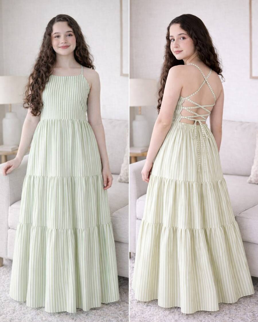 Beautiful Long Elegant Teen Girl Dress For Parties, Modern Casual Summer Stylish, Adjustable Youthful - Sọc xanh - Xem 1