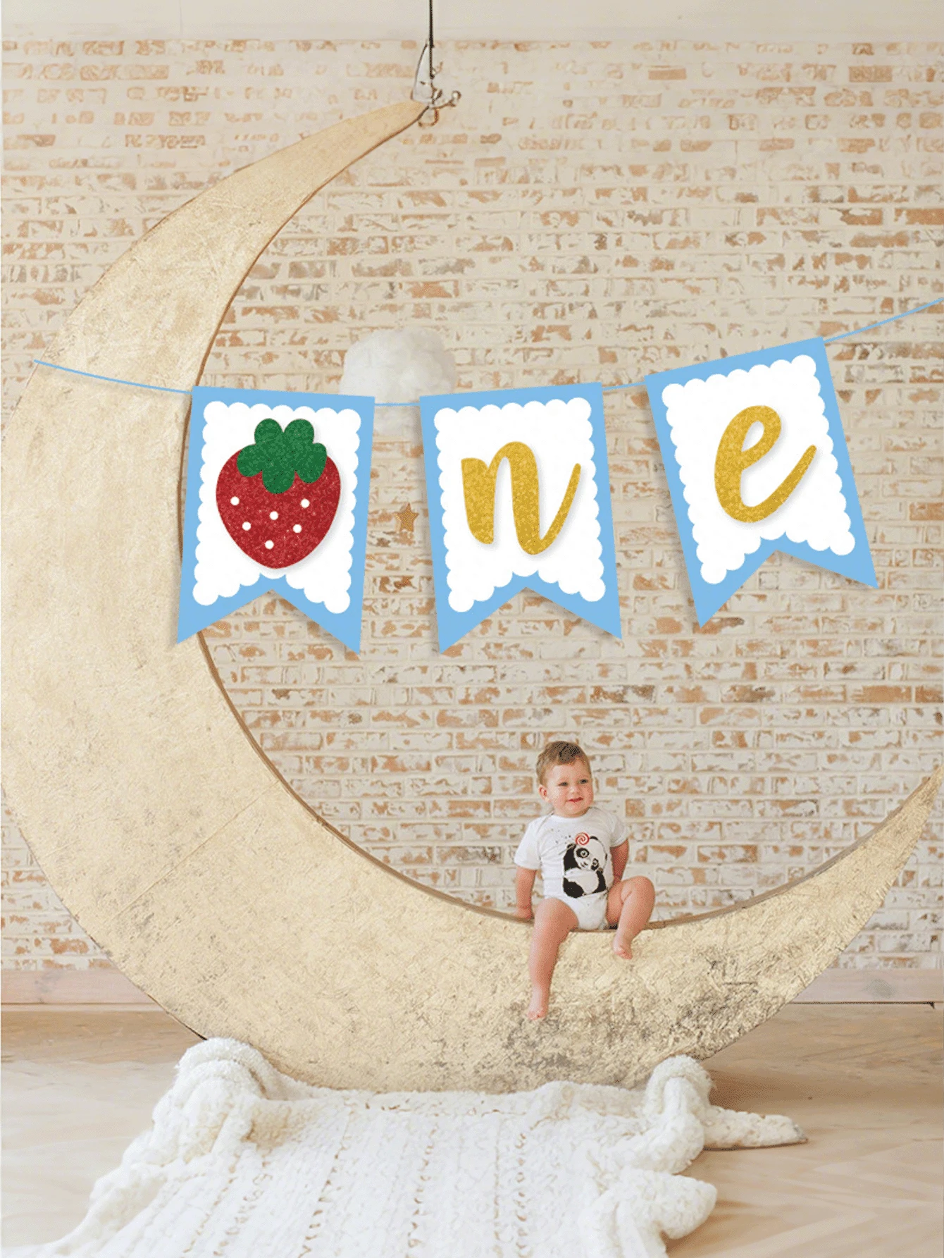 1 pièce Drapeau d'anniversaire de la première année du bébé avec décoration de garçon et fille aux fraises, convient pour les fêtes de bébé, les baby showers - Multicolore - Voir 1