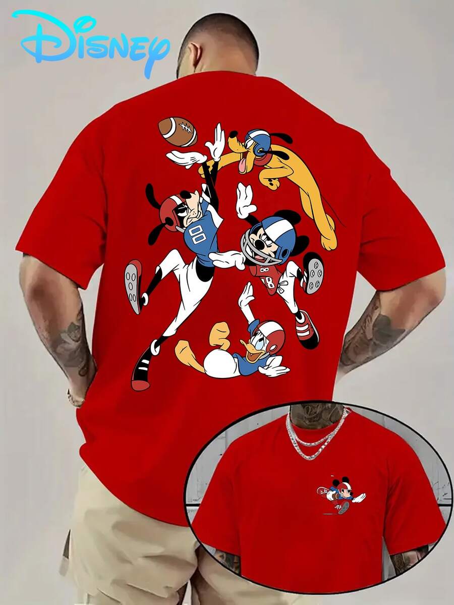 One Disney Mickey Mouse Rugby Game Cartoon Men's T-Shirt - Stylish And Fun Men's Design, Breathable And Lightweight, White Casual Short-Sleeved T-Shirt, Suitable For Sports, Travel, Parties - The Perfect Gift For Disney Fans, Disney T-Shirt, Party Outfit, Vibrant Print, Comfortable Fit. - Red - View 1