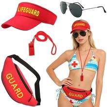1/2/3/4/5 Pcs Summer New Lifeguard Costume Set, Includes Swimsuit, Sunhat, Fashion Glasses, Whistle, Surfboard Bag, Beach Holiday Outfit, Suitable For Halloween, Cosplay Party - Multicolor - View 1