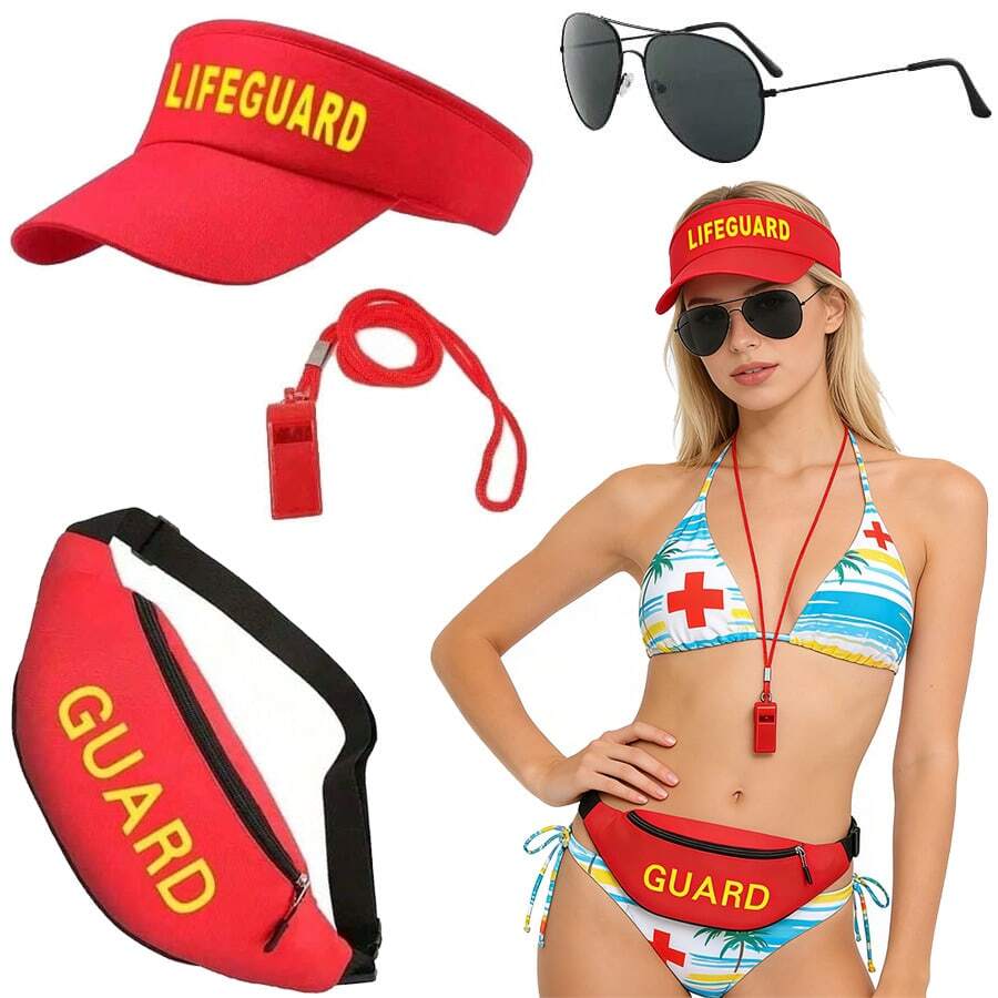 1/2/3/4/5 Pcs Summer New Lifeguard Costume Set, Includes Swimsuit, Sunhat, Fashion Glasses, Whistle, Surfboard Bag, Beach Holiday Outfit, Suitable For Halloween, Cosplay Party - Multicolor - View 1
