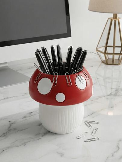 1个蘑菇笔筒，树脂材质 - 轻奢桌面收纳盒，适用于办公室和梳妆台 | 房间/办公室/阳台装饰，独特礼物，桌面可爱收藏品，装饰摆件