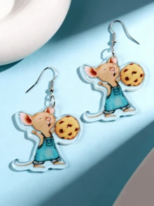 1 Pair Creative Cute Mouse Holding Cookie Acrylic Dangle Earrings, Fashionable School Series, Suitable For Teachers And Students, Daily Wear Gift Jewelry - The Mouse Takes the Cookie - View 2