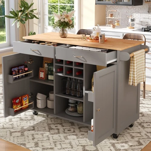 Modern Kitchen Island Table (102*45*92 Cm), Kitchen Cabinet, Dining Room Cabinet, Wooden Dining Cart, Buffet Table, Multifunctional Dining Table With Storage, Grey - Grey - View 1