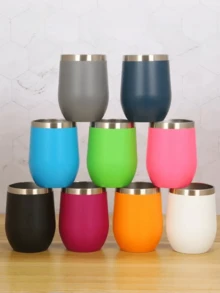 LMMAKE 1pc Water/Beer Mug, 12oz/350ML Powder Coating Wine Tumbler With Push Lid, Stemless Insulated Wine Glasses, Double Wall Vacuum Stainless Steel Travel Tumbler, For Cold & Hot Drinks, Wine, Coffee, Cocktails And More, Back To School Supplies - 不銹鋼杯 - 查看 1