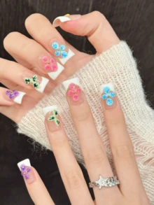 10片手工鸭嘴美甲贴纸，彩虹韵律夏日缤纷花卉手绘活力少女野性风，鸭嘴美甲贴纸，易于佩戴。10片Y2K风格手工美甲贴纸，适合女孩和女性在节日、派对、音乐节、日常佩戴、情人节、母亲节等场合作为礼物。按压式美甲贴纸。 - 彩色 - 查看 3