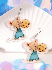 1 Pair Creative Cute Mouse Holding Cookie Acrylic Dangle Earrings, Fashionable School Series, Suitable For Teachers And Students, Daily Wear Gift Jewelry - The Mouse Takes the Cookie - View 7