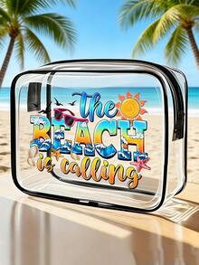 新款夏季沙滩防水PVC洗漱包，旅行收纳包 - PVC透明洗漱包，旅行必备，便携式拉链旅行洗漱包，大容量，链条旅行洗漱包，适合作为女性生日派对回礼、新娘礼物，适合女孩、女士、护士、女朋友，沙滩透明洗漱包，防水收纳包，透明收纳包，沙滩和浴室必备用品整理包，男女皆宜。你好，夏日沙滩 - 彩色 - 查看 9