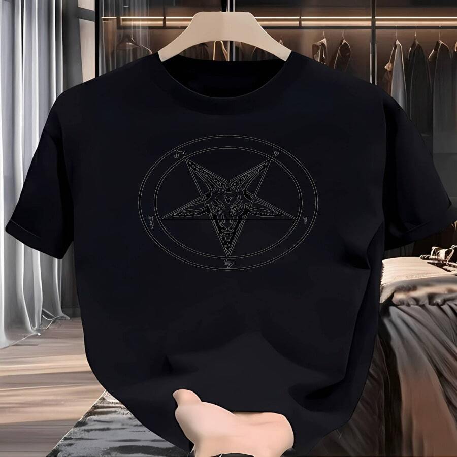 Camiseta Gótica de Baphomet con Pentagrama - Estampado de Cabeza de Cabra Invertida, Símbolo Oculto, Cuello Redondo Casual de Algodón, Súper Suave y Transpirable, Unisex para Verano - Ideal para Halloween, Conciertos de Rock, Moda Urbana, Regalo Alternativo para Hombres, Mujeres, Adolescentes y Amigos - Multicolor - Ver 1