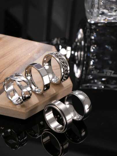 Set de 5 anillos de acero inoxidable para hombre en color plata, incluye cadena trenzada, elementos de bola interior y exterior, accesorios minimalistas de moda adecuados para uso diario y vacaciones