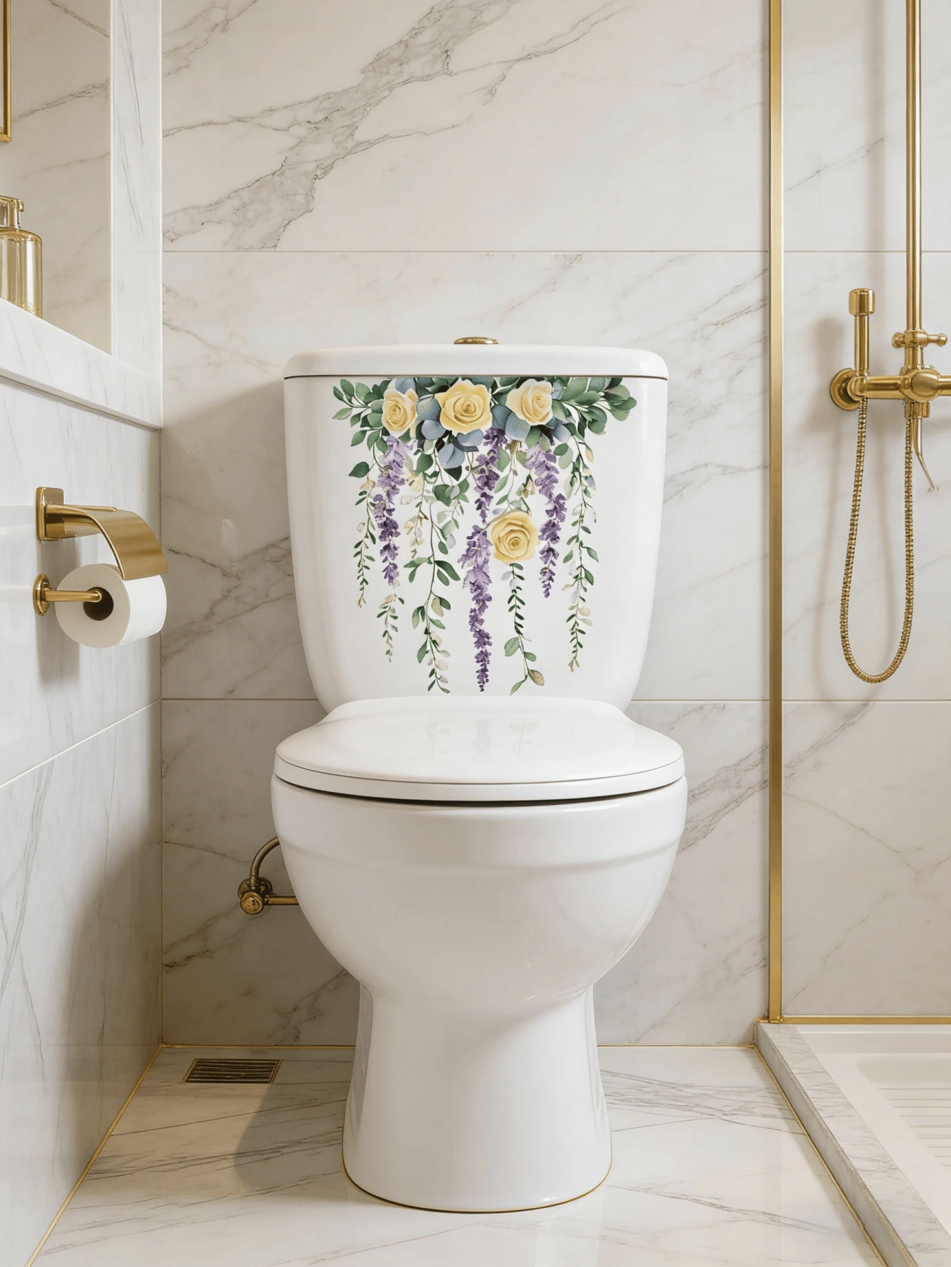 1 pieza Adhesivo de pared para baño con diseño de enredadera púrpura, decoración de pared de PVC resistente al agua, fácil de aplicar y retirar, decoración del hogar, adhesivo de pared - Pegatinas decorativas para el baño - Ver 1