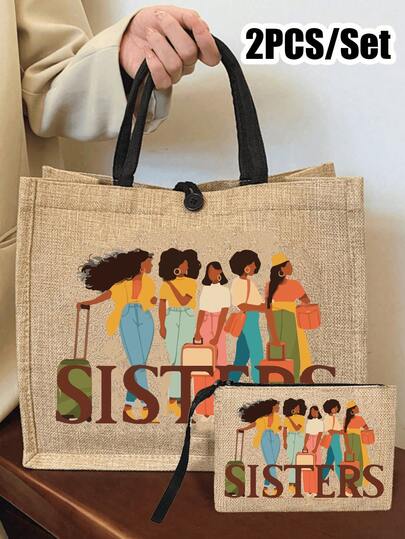 Large Capacity Linen Handbag With "Sister" Flowers Pattern Written On It, Portable Large Capacity Shopping Bag, Linen Handle Handbag, Multifunctional Storage Bag, Personalized Gift Bag, Suitable For Travel, Shopping, Vacation, Returning To School, Parties, Is The Best Companion Gift, Mother's Day, Birthday, Teacher's Day, Anniversary, Holiday Gift, Party Event Gift