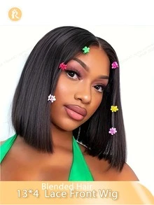 180% Density 6-16inch Short Bob Wig Blende Hair 3X4 Transparent Lace Frontal Wig Short Bob Cut Synthetic Silky Straight Preplucked Hairline Cosplay Daily Glueless Daily Party Natural Color/Brown Color/Burgundy/Orange Color Blended Wigs-A Mix Of Human Blended Hair And Synthetic - SNatural - View 2