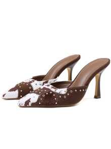 Women's Pointed Toe Mule Heels, Pointed Toe Sexy Heels, Studded Slip-On Stiletto Heels, Suedette Elegant Chic Dress Pumps For Party, Office N Daily Wear - Đen và trắng - Xem 2