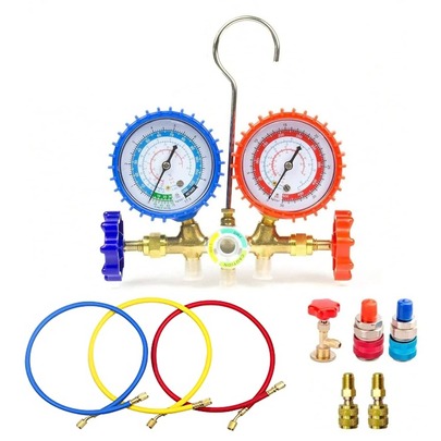 R410a R134a R22 R404a Refrigeration Manometer Set With 5 Gauges, High And Low Pressure Connectors, Bottle Opener, And Air Conditioning Diagnostic Tool