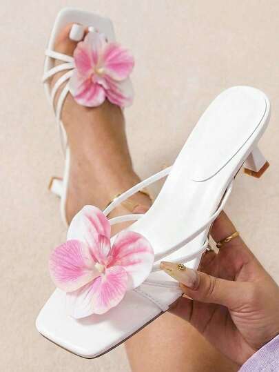 planare New 3D Pink Flower Decor High Heel Sandals, Elegant Low Heel High Heels, Suitable For Beach, Party, Date And Wedding Season, Pair With Bikini, Dress, Summer Fashion Elegant High Heel Sandals, Bridal High Heels