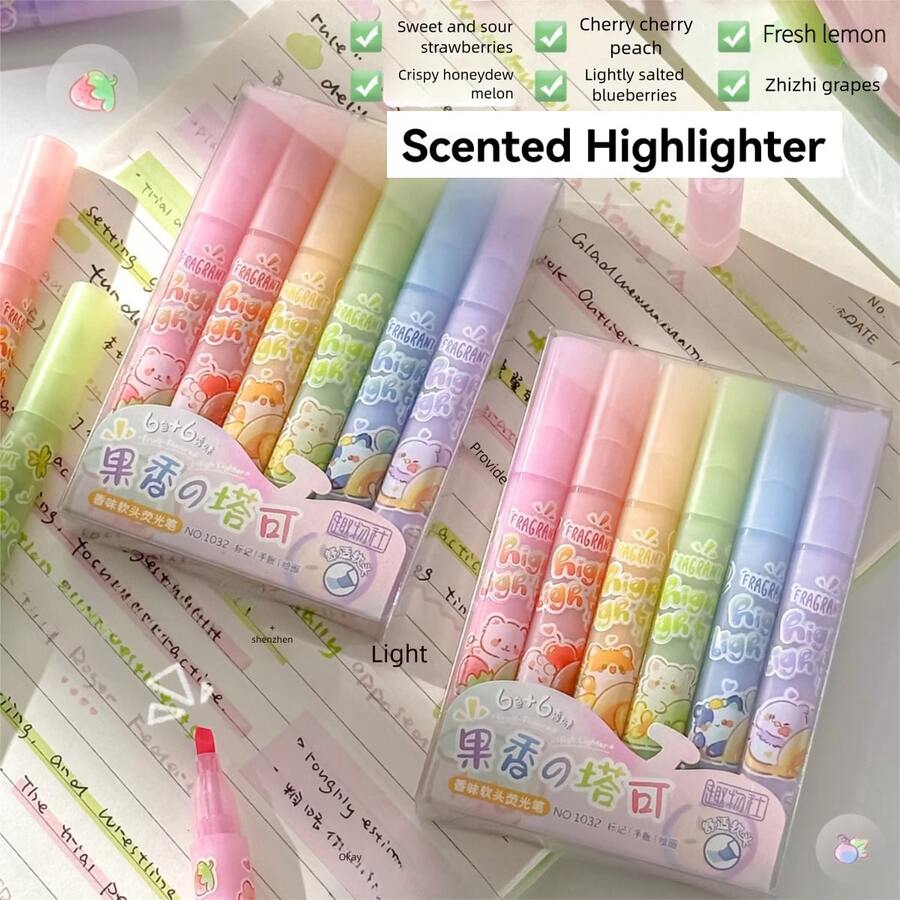 Bộ 6 bút dạ quang hương trái cây, màu pastel mềm mại, đầu bút vát, tông màu nhẹ nhàng, khô nhanh, không lem mực, thích hợp cho việc viết nhật ký, vẽ tranh, phác thảo và đánh dấu. - Nhiều màu - Xem 1