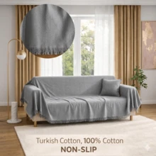 Non-Slip Tassel Sofa Cover – 100% Cotton – 180*300 Cm – Soft And Comfortable, Made In Türkiye - Grey - View 6