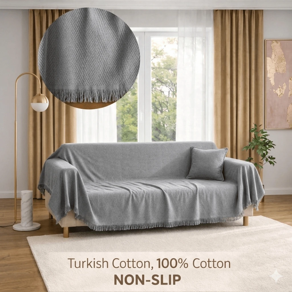 Non-Slip Tassel Sofa Cover – 100% Cotton – 180*300 Cm – Soft And Comfortable, Made In Türkiye